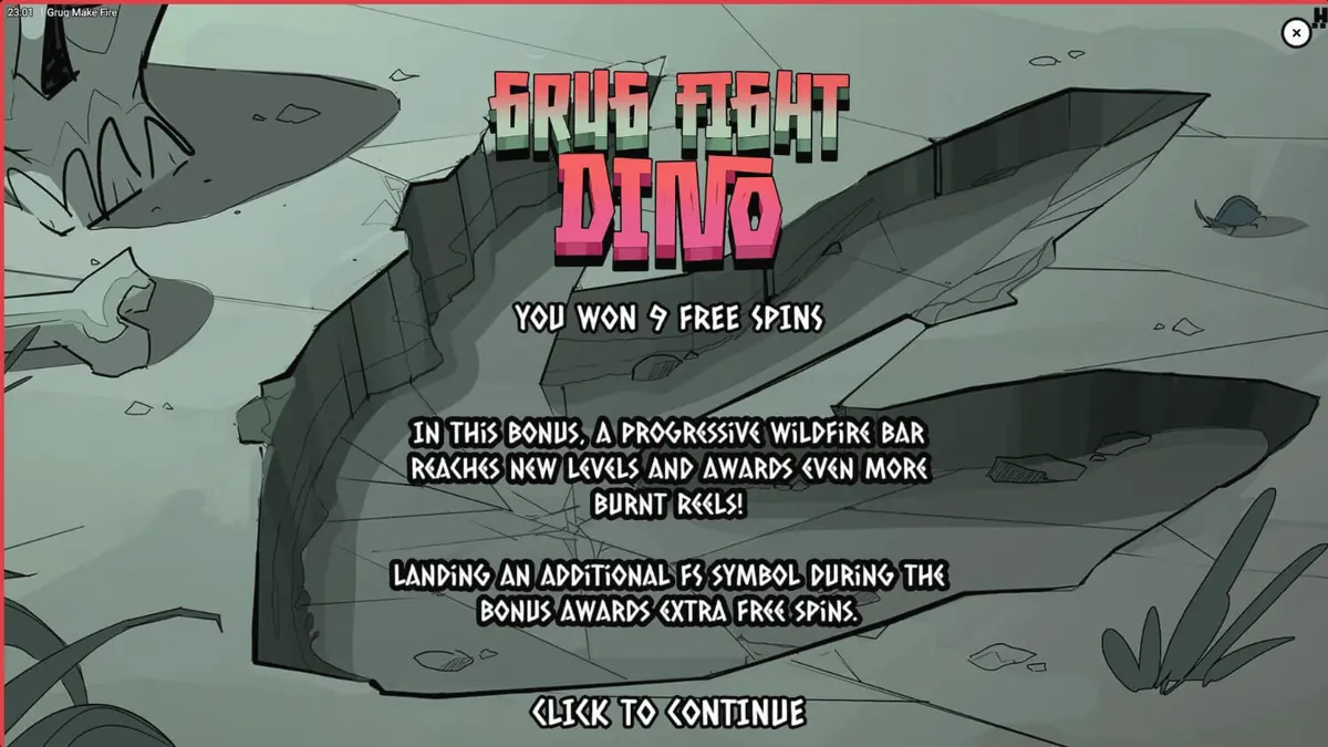 Grug Make Fire slot game interface with burning wild symbols and prehistoric caveman theme
