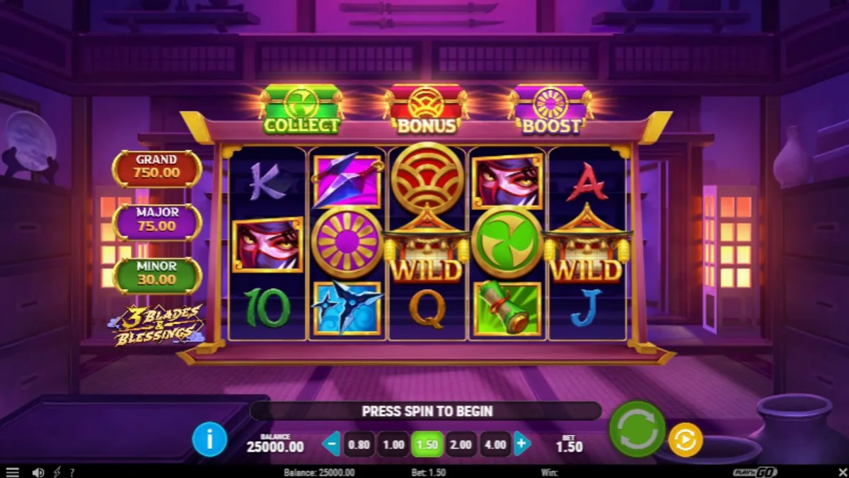Giao diện trò chơi 3 Blades & Blessings với hình ảnh ninja và các biểu tượng vũ khí